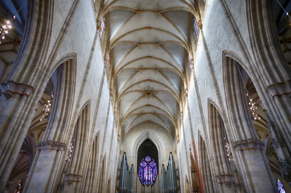 Interior view, main organ on the west gallery, central aisle facing west, vaulted ceiling, church ceiling, interior view, Our Lady of Ulm, Ulm Münster, Ulm, Baden-Württemberg, Germany