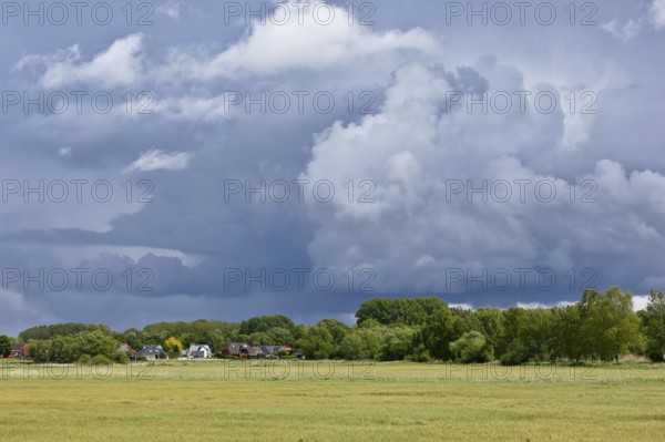 A wide field under dramatic sky with houses on the horizon, Peenetal nature park Park, Mecklenburg-Western Pomerania, Germany