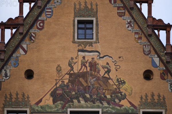 Painted façade, fresco cycle, town hall, old town, Ulm, Baden-Württemberg, Germany