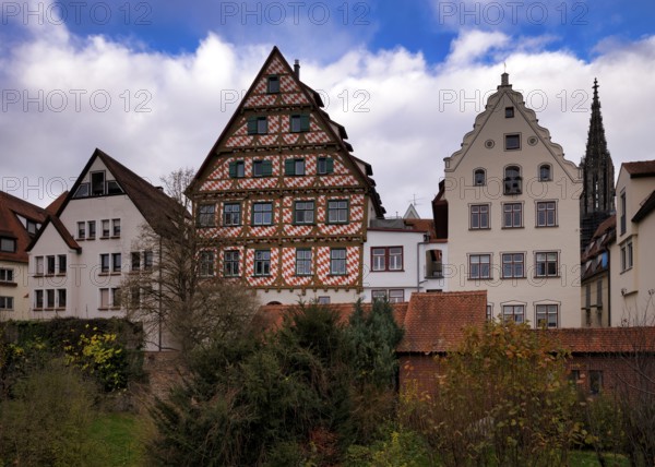 City view, half-timbered houses, red diamonds, city wall, Fischergasse, Fischerviertel, Our Lady of Ulm Münster, Old Town, Ulm, Baden-Württemberg, Germany