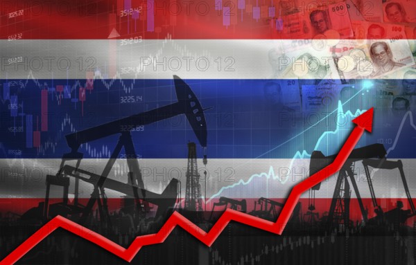 Oil production with Thailand flag, petrol industry. Oil pumps with Thai flag