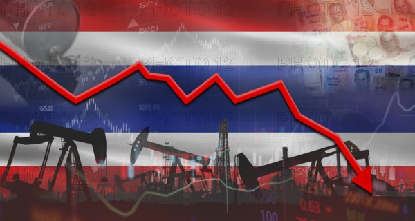 Fall oil price with Thai flag on economic chart, Petrol crisis with Thai flag on financial graph