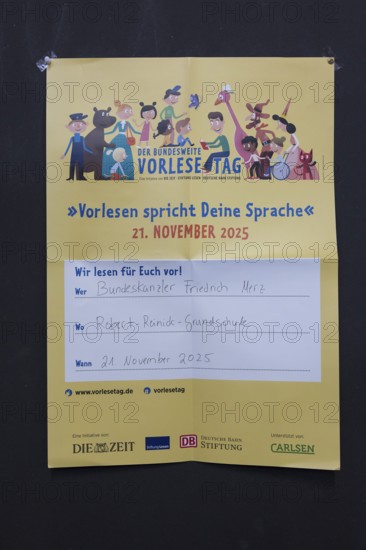 Announcement of the reading by Federal Chancellor Friedrich Merz at the nationwide reading day at Robert Reinick Elementary School in Berlin on 21.11.2025. Due to urgent scheduling reasons, the Federal Chancellor cancelled at short notice and was represented by the Head of the Federal Chancellery, Thorsten Frei
