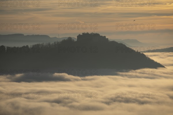 Airplane at sunset over a sea of fog from Beurener Fels to Hohenneuffen Castle, Swabian Alb, Baden-Württemberg, Germany