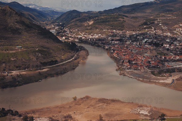 View of Mtskheta, Svetitskhoveli Temple, the confluence of the Aragvi and Kura rivers, at the top of Jvari