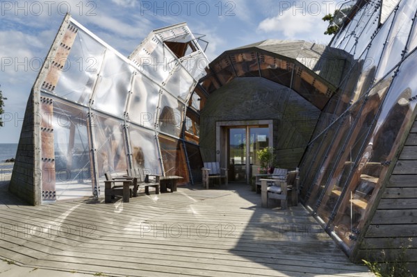 Wood and glass construction, modern architecture, terrace in front of Domen Cultural Center, Allinge, Bornholm, Denmark
