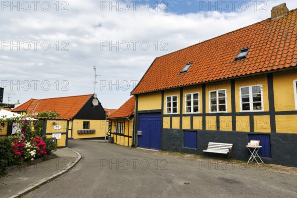 Picturesque street with colorful half-timbered houses, Allinge, Bornholm, Denmark