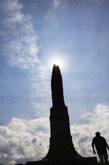 Memorial stone, stone obelisk, Hammershus fortress, tourist attraction, back light, Allinge-Sandvig, Bornholm, Denmark