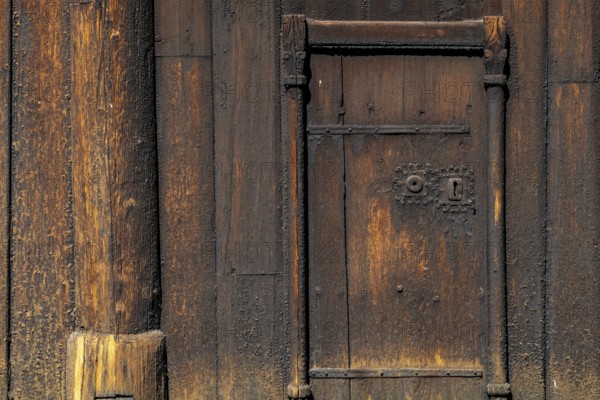 Wooden door, Garmo Stave Church, Maihaugen open-air museum with houses and objects from farms in Gudbrandsdal, Lillehammer am Mjøsa Lake, Innlandet Municipality, Norway