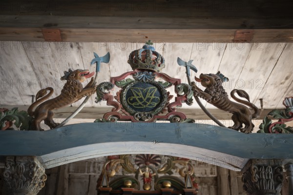 Royal coat of arms with lions holding halberds, Garmo Stave Church, Maihaugen open-air museum with houses and objects from farms in Gudbrandsdal, Lillehammer on Lake Mjøsa, Innlandet Municipality, Norway