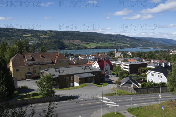 View of Lillehammer on Lake Mjøsa, Innlandet County, Norway