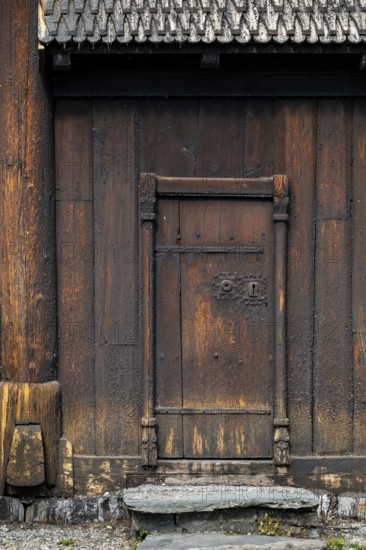 Wooden door, Garmo Stave Church, Maihaugen open-air museum with houses and objects from farms in Gudbrandsdal, Lillehammer am Mjøsa Lake, Innlandet Municipality, Norway