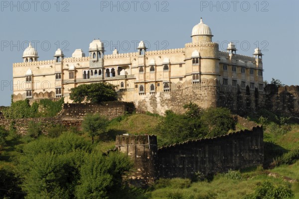 Karni Fort Bambora Palace Hotel with high defensive wall, Bambora, Rajasthan, India