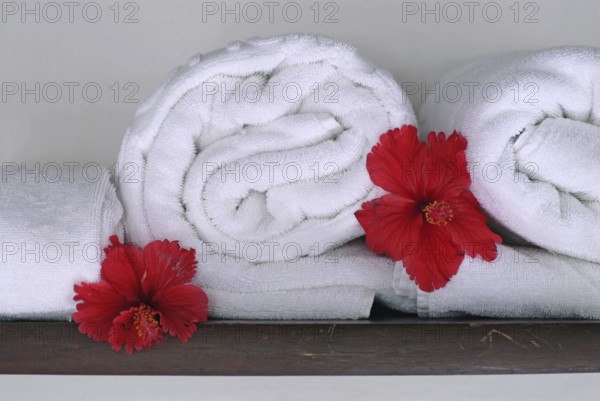 Rolled white towels with red hibiscus flowers on a shelf, Hotel Coconut Lagoon, Cgh Earth Group, Vembanad Lake, Kerala, India
