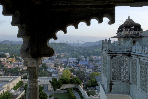 View of Delwara village surrounded by the Aravalli Mountains, Palace Hotel Devigarh, near Udaipur, Rajasthan, India