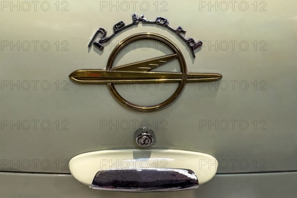 Historic logo emblem of classic car Opel Rekord, Techno Classica trade fair, Essen, Germany