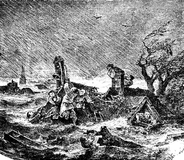 Devastation of the North Sea, storm surge of 1834 on the Halligen, North Frisia, Schleswig-Holstein, storm surge, flood, hurricane, thatched house, danger to life, drowning, family, children, distress, fear, storm bell, church tower, trees, Germany, travel picture, historical illustration around 1900