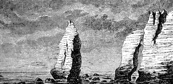 Chalk cliffs on the coast of Étretat, English Channel, Seine-Maritime department, Normandy, steep rock cliffs, rare rock formation, single rock, breakthrough, France, travel picture, historical illustration around 1900