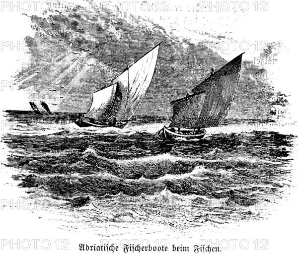 Fishing boats fishing in the Adriatic, wooden boats, sailboats, high waves, strong wind, cloud wall, sun rays, profession fisherman, Mediterranean, Italy, travel picture, historical illustration around 1900