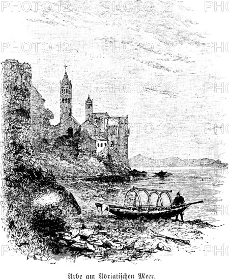 Picturesque old community on the Adriatic coast, cliffs, church, church tower, residential buildings, iwooden boat, man, shore, Italy, travel picture, historical illustration around 1900