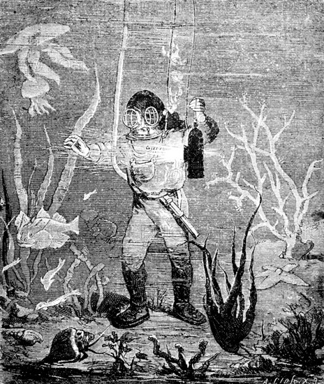 Diver on the seabed, depth, diving suit, oxygen mask, hose, lamp, seaweed, animals, fish, algae, travel picture, danger, profession, historical illustration around 1900