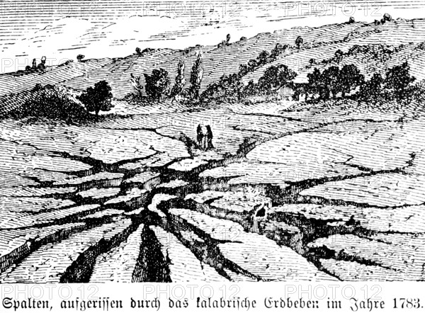 Earth crevices created by the 1783 earthquake in Calabria, mountain landscape with crevices, trees, two people, natural disaster, danger, Italy, travel picture, historical illustration around 1900