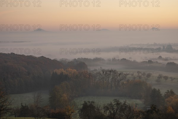 Three Kaiserberge in golden morning light, Hohenstaufen, Aichelberg, Spectacular dawn over the foggy foothills of Baden-Württemberg