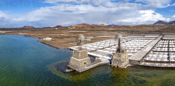 Salt mining plant, Salinas de Janubio with green Laguna de Janubio, near Yaiza, aerial view, Lanzarote, Canary Islands, Spain