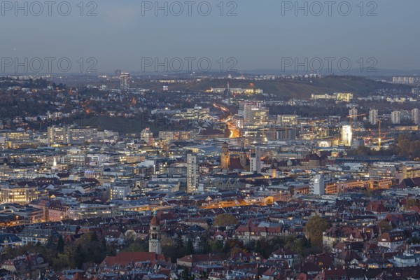 Evening view from Haigst of the glowing city center of Stuttgart Germany