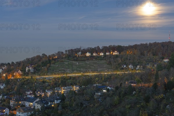Dusk with full moon on the Neue Weinsteige in Stuttgart Germany