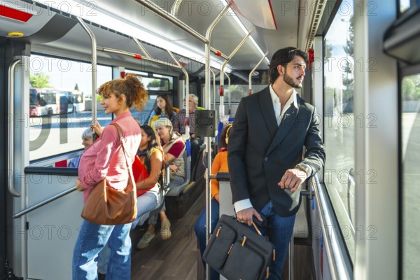Passengers of diverse ages and ethnicities riding a city bus during a weekday commute, some sitting and standing, looking out the windows amid everyday urban movement and routine