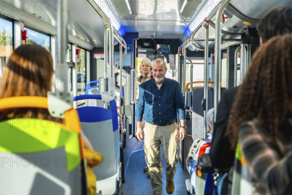 Senior man smiling and looking at the camera while walking down the aisle of a public bus, with other passengers seated and standing, representing urban transport and daily commute