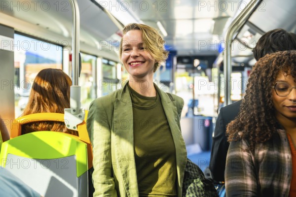 Woman standing on crowded city bus, smiling and holding the railing during a bright, stress free commute, enjoying reliable, sustainable public transport and urban connection