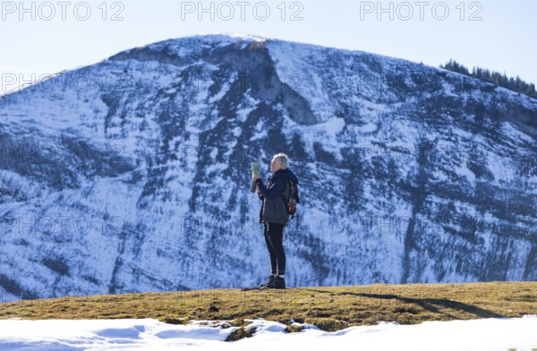 Female hiker on the Trattberg Alm with a view of the Trattberg, Osterhorn Group, Salzkammergut, Province of Salzburg, Austria