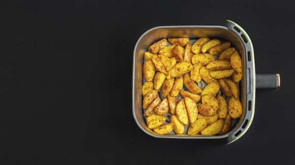 Top view of golden brown potato wedges in an air fryer basket against a dark background. These deliciously seasoned wedges are perfect for snacking or as a side dish at any meal time