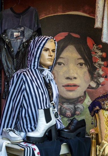 Fashion and quirky At the entrance to a second-hand shop on Hannoverschen Straße in Berlin Mitte, Germany