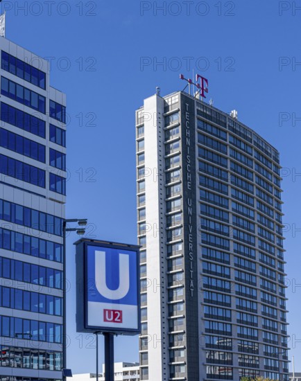Subway sign for line U2 in front of the skyscrapers at Ernst Reuter Platz, Berlin, Germany