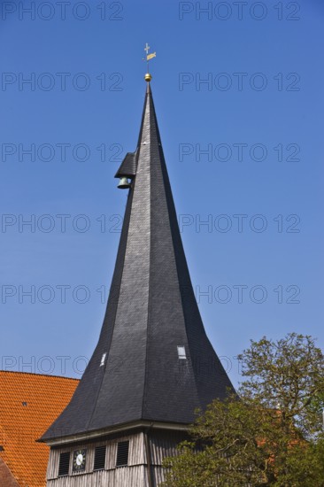 St. Matthias church in York, church consecration 300 years ago, bell tower, spire, slender architecture, slate roof, weather vane, York, Germany