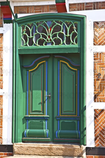 Green entrance door, Jork, Altes Land, Lower Saxony, Germany