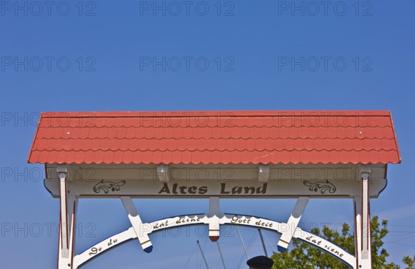 Welcome sign, entrance portal, Jork, Altes Land, Lower Saxony, Germany