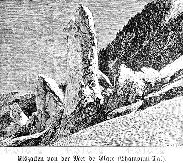 Icicles on the Mer de Glace, Chamonix Mont Blanc, France, travel picture, French Alps, historical illustration around 1900
