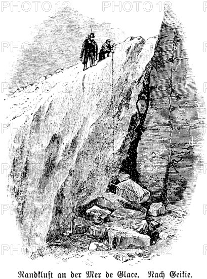 Rift at the Mer de Glace, Chamonix Mont Blanc, France, measurements, two people, glacier, rocks, slope, overhang, danger, French Alps, travel picture, historical illustration around 1900
