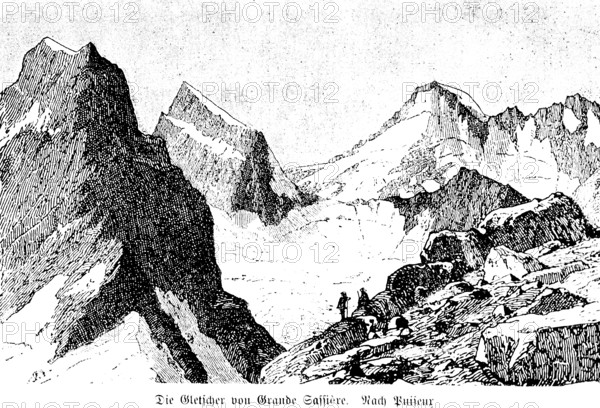 Aiguille de la Grande Sassière or Grande Sassière (3751 m) Sainte-Foy-Tarentaise, Grajan Alps, Mont Blanc massif, two people, mountain summit, steep face, France, glacier, mountain landscape, travel picture, historical illustration around 1900