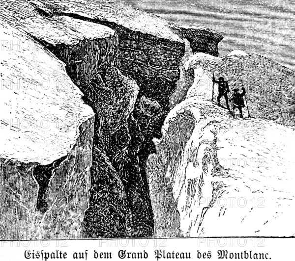 Crevasse on the Grand Plateau de Mont BBanc, two hikers on skis, French Alps, gorge, climate change, danger, travel picture, historical illustration around 1900