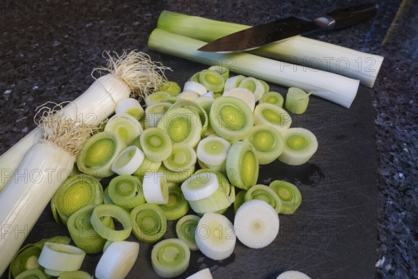 Southern German cuisine, preparation of leek vegetables, cut leeks, raw vegetables, vegetarian, vegan, healthy, knife, cutting board, traditional cuisine, food photography, studio, Germany