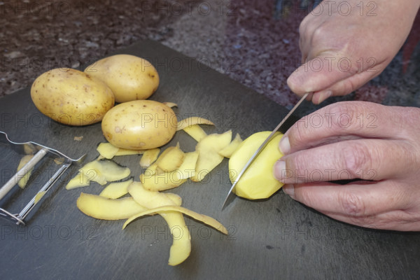 Southern German cuisine, preparing potatoes, cutting raw potatoes, peeling knife, kitchen knife, asparagus peeler, men's hands, cutting board, vegetarian, vegan, healthy, food photography, studio, Germany