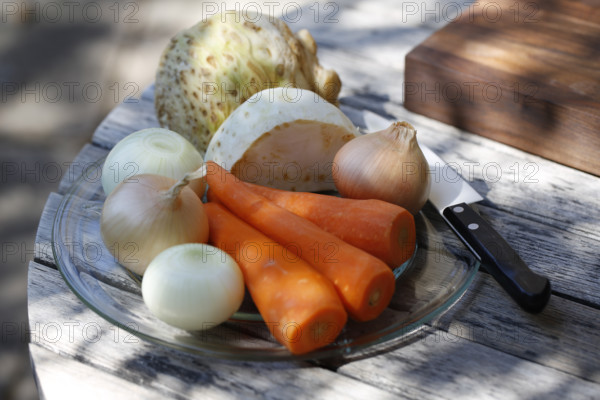 Southern German cuisine, preparing vegetables, raw carrots, celery, onions, vegetarian, vegan, healthy, knife, cutting board, still life, food photography, Germany