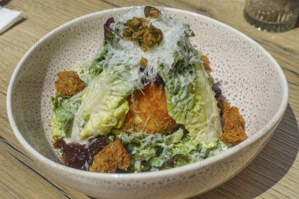 Baked burrata served on plate, breaded mozzarella, starter, vegetarian, salad hearts, green lettuce leaves, kumquat, marmalade, grated celery, breadcrumbs, restaurant 1821 Tübingen, restaurant, food photography, Tübingen, Baden-Württemberg, Germany