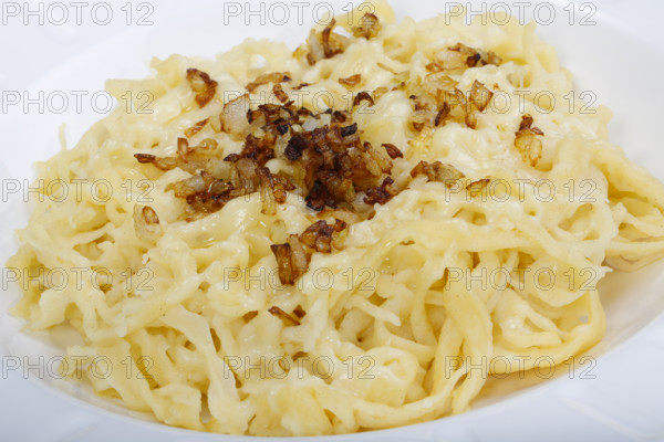 Swabian cuisine, cheese spaetzle, Swabian spaetzle baked with cheese, onion melt, hand-scraped spaetzle, served on plate, Swabian classic, typical Swabian, traditional cuisine, grandma's kitchen, pastry, vegetarian, food photography, studio, Germany
