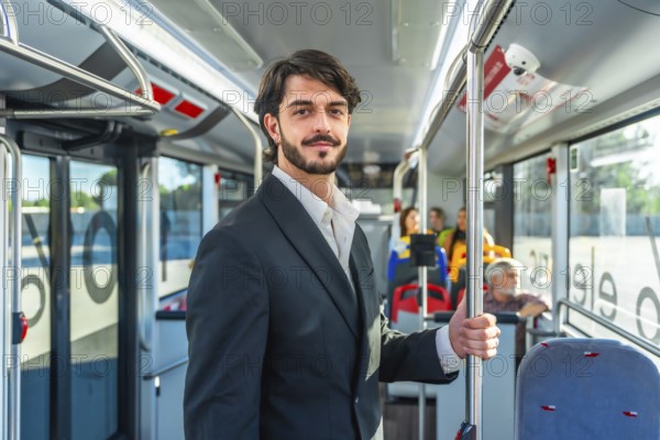 Young businessman traveling by bus, holding a pole and smiling while looking at the camera, with other passengers in the background, representing daily commute and urban lifestyle
